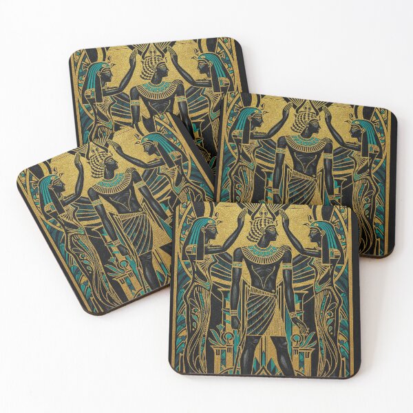 Item preview, Gold and Lapis Deco Deity Triptych | Egyptian Revival Art Deco Nouveau | Luxury Gallery Art Print designed and sold by Vintage Poster Gallery.