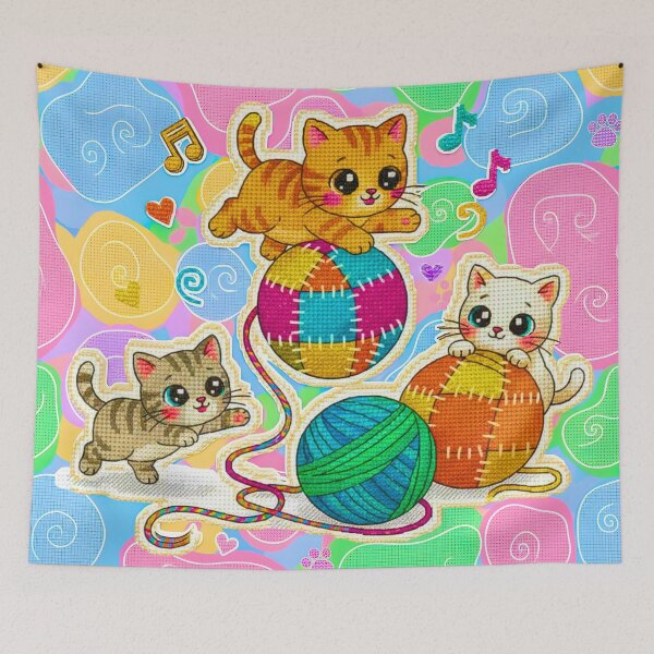 Item preview, Three Chibi Kittens Playing Wool Yarn Knitting Kawaii Embroidery designed and sold by JOSTH.