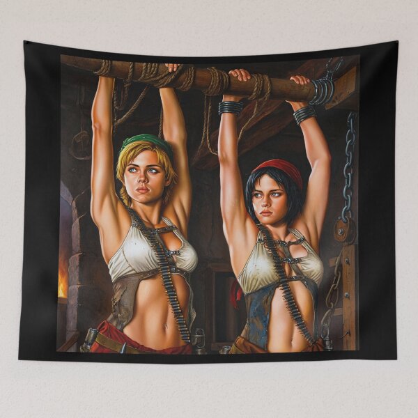 Item preview, Two captive fantasy post apocalyptic warrior women illustration designed and sold by Vintage Designs +.