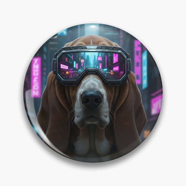 Item preview, Cyberpunk Basset Hound Neon City Reflections and Goggles designed and sold by amzwag.