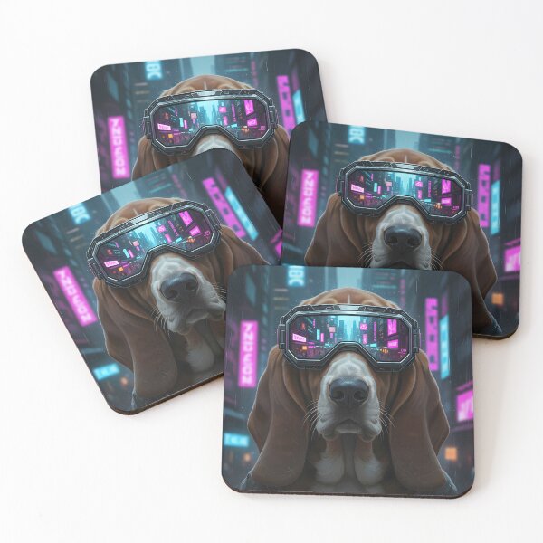 Item preview, Cyberpunk Basset Hound Neon City Reflections and Goggles designed and sold by amzwag.