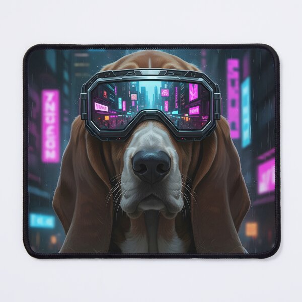 Item preview, Cyberpunk Basset Hound Neon City Reflections and Goggles designed and sold by amzwag.