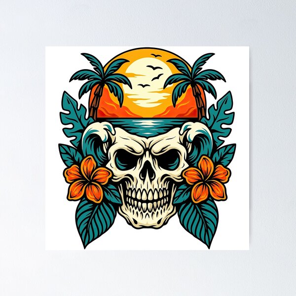 Item preview, Tropical Skull with Sunset and Palm Trees Illustration designed and sold by ArtfulWeave.