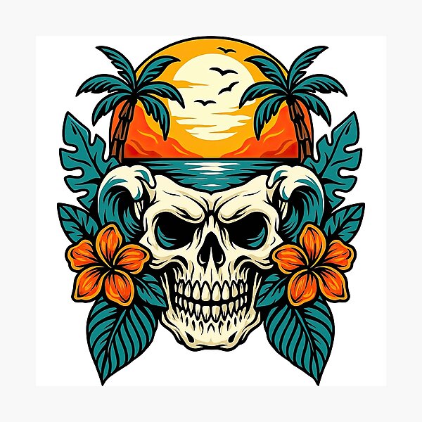 Item preview, Tropical Skull with Sunset and Palm Trees Illustration designed and sold by ArtfulWeave.
