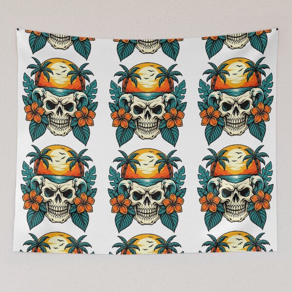 Item preview, Tropical Skull with Sunset and Palm Trees Illustration designed and sold by ArtfulWeave.