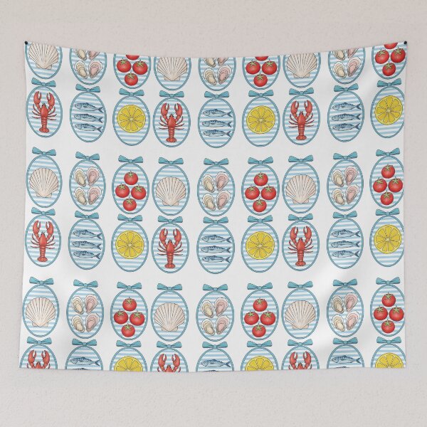 Item preview, Cute Nautical Oval Seafood Badges with Blue Stripes designed and sold by ArtfulWeave.