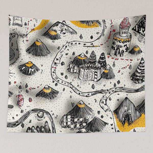 Item preview, Fantasy Adventure Map Pattern – Hand-Drawn Volcanoes & Castles designed and sold by PaintbrushPlace.