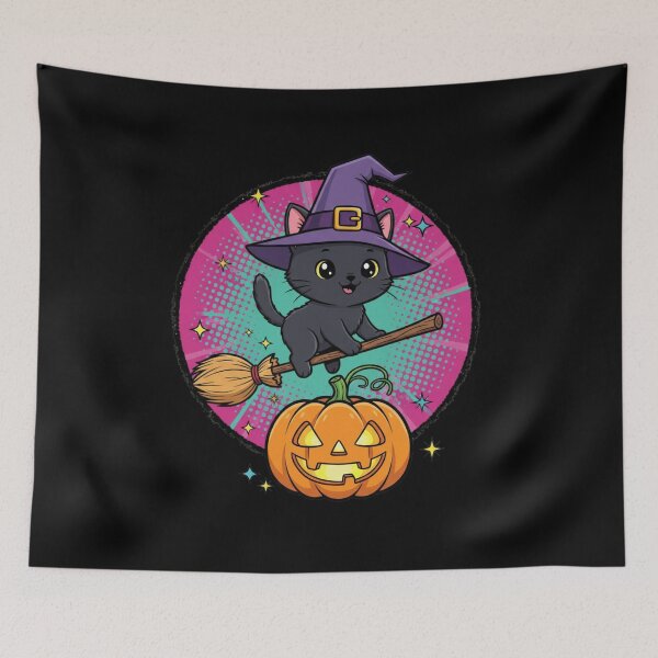 Item preview, Digital Illustration: Happy Kitty Witch Flying with a Jack-o'-Lantern designed and sold by catlovers2025.