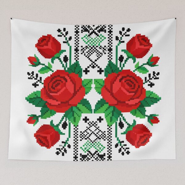 Item preview, Traditional Maramureș Romanian Embroidery – Large Red Roses Folk Cross-Stitch Pattern designed and sold by Maximilianos.