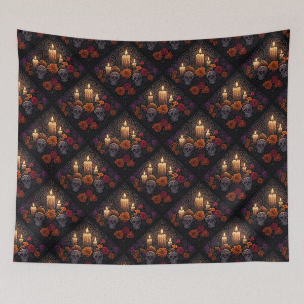 Item preview, Día de los Muertos Seamless Pattern with Skulls, Candles, and Marigolds designed and sold by RGShirtWorks.
