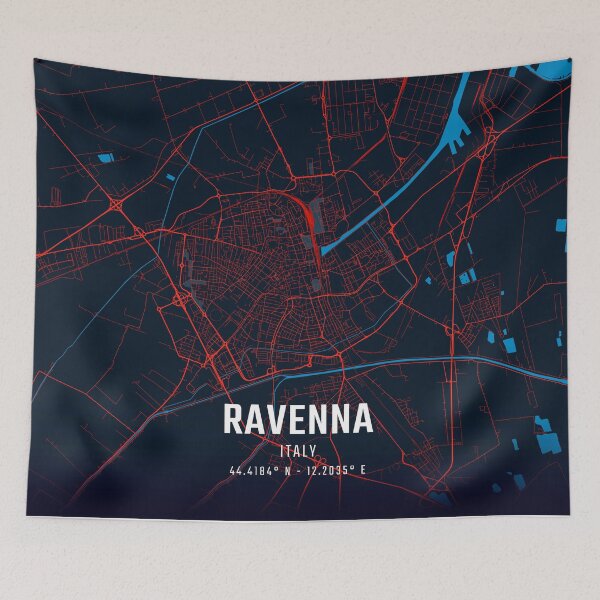 Item preview, Ravenna Red & Blue Minimalist Map designed and sold by HomeLivingCo.