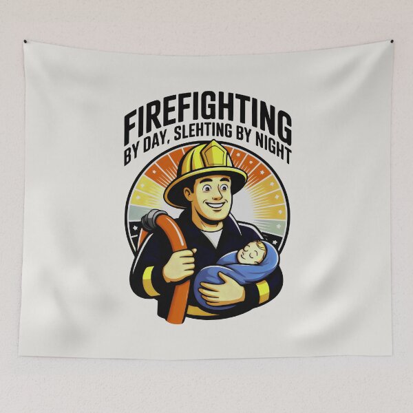 Item preview, Retro Firefighter Hero with Baby and Radiant Orange Rays designed and sold by SplashTastic.