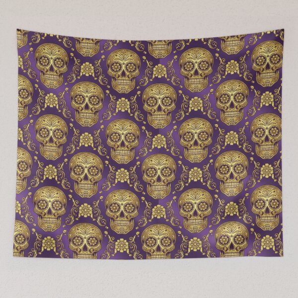 Item preview, Elegant Golden Sugar Skulls on Purple Seamless Pattern designed and sold by ML-Media.