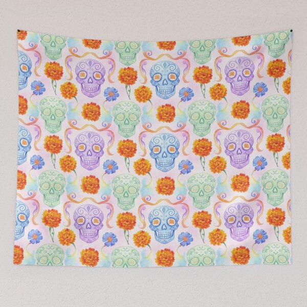 Item preview, Vibrant Watercolor Calaveras and Marigolds Seamless Pattern designed and sold by ML-Media.