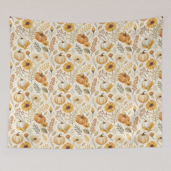 Item preview, Cozy fall design with amber sunflowers, leaves and pumpkins designed and sold by Merrylands Artshop.
