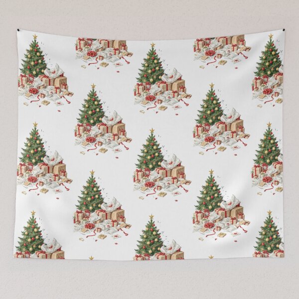 Item preview, Festive scene of a decorated Christmas tree surrounded by colorful wrapped presents and discarded gift wrap designed and sold by SpaceartLilu.