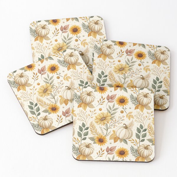 Item preview, Cozy fall design with amber sunflowers, leaves and pumpkins designed and sold by Merrylands Artshop.