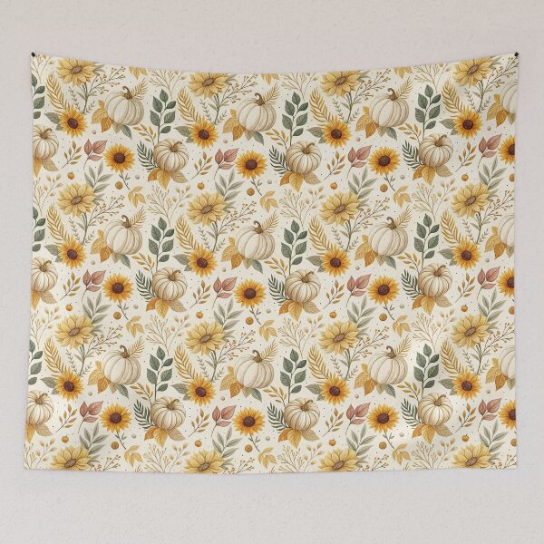 Item preview, Cozy fall design with amber sunflowers, leaves and pumpkins designed and sold by Merrylands Artshop.