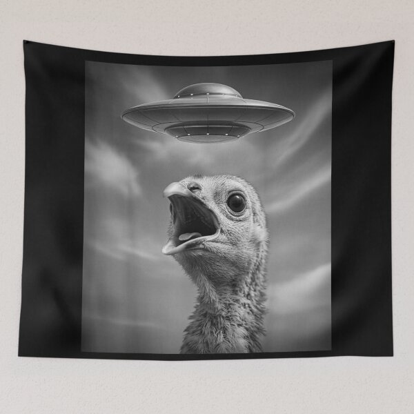 Item preview, Shocked Turkey Chicken Abduction by UFO Alien Funny Thanksgiving Meme designed and sold by Altenpendinton.