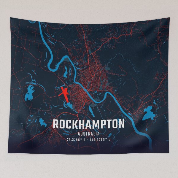 Item preview, Rockhampton Red & Blue Minimalist Map designed and sold by HomeLivingCo.
