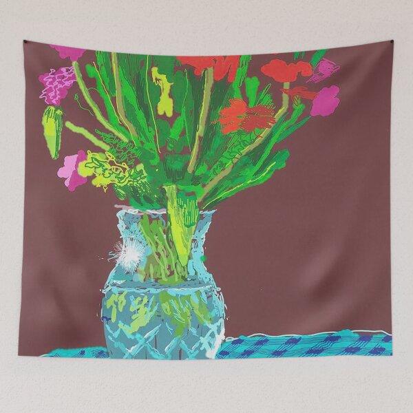 Item preview, 24th February 2021, Red, Yellow And Purple Flowers On A Blue Tablecloth By David Hockney designed and sold by ALIONAMER.