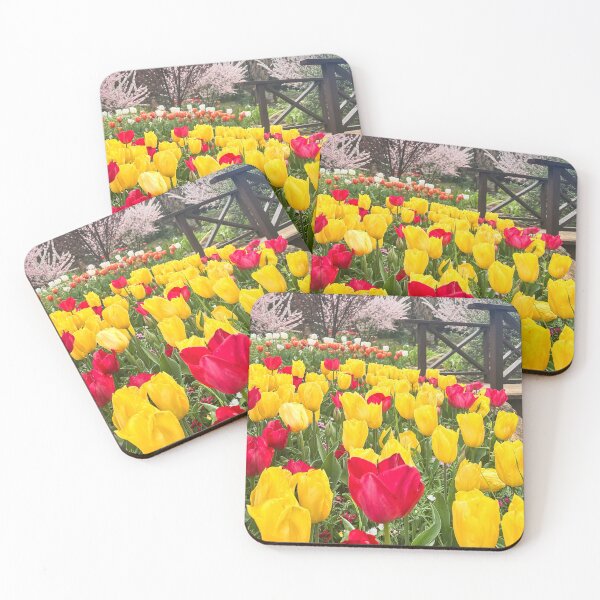 Item preview, Bright Red and Yellow Tulips Beside Wooden Bridge designed and sold by Be Captured by Brittany Emma.