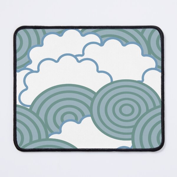 Item preview, Digital abstract pattern featuring white cloud shapes with thin blue outlines and blue green concentric rings designed and sold by Crispifly.