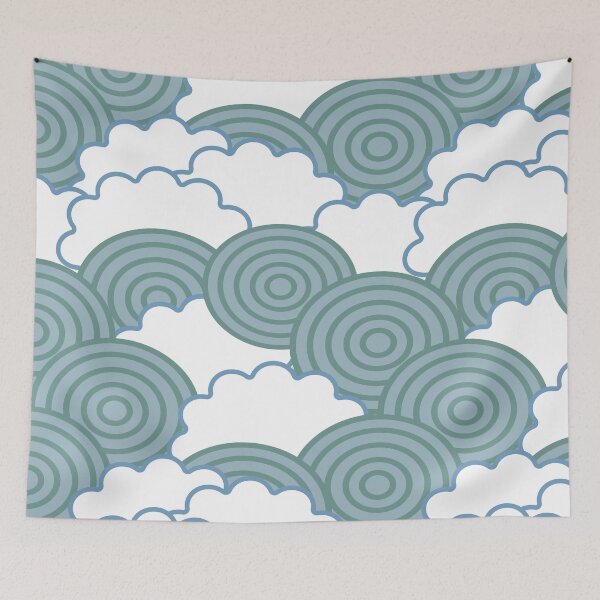 Item preview, Digital abstract pattern featuring white cloud shapes with thin blue outlines and blue green concentric rings designed and sold by Crispifly.