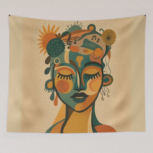 Item preview, Mid-Century Modern Abstract Portrait in Warm Earthy Colors | Retro Boho Wall Art with Musical Motifs  designed and sold by DzurDesigns .