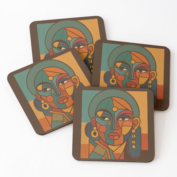 Item preview, Geometric Abstract Female Portrait in Teal and Amber | Mid-Century Modern Retro Wall Art designed and sold by DzurDesigns .