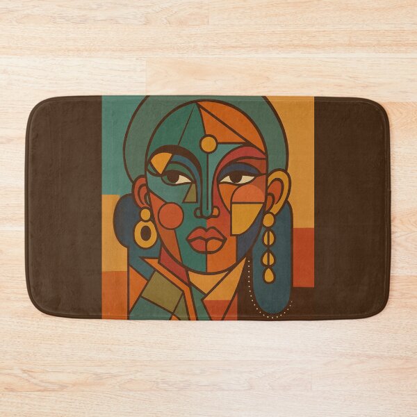 Item preview, Geometric Abstract Female Portrait in Teal and Amber | Mid-Century Modern Retro Wall Art designed and sold by DzurDesigns .