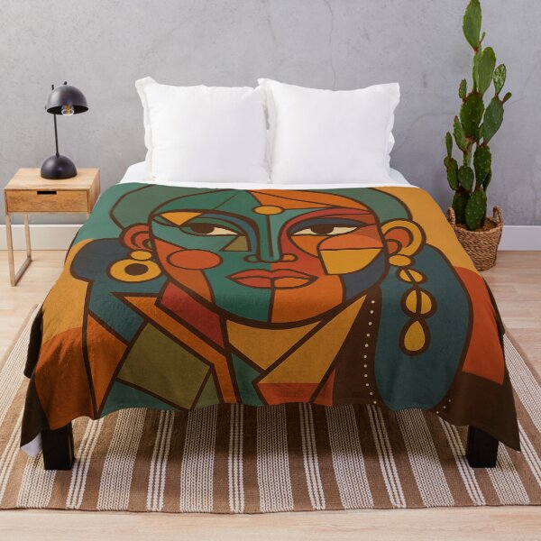 Item preview, Geometric Abstract Female Portrait in Teal and Amber | Mid-Century Modern Retro Wall Art designed and sold by DzurDesigns .