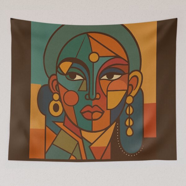 Item preview, Geometric Abstract Female Portrait in Teal and Amber | Mid-Century Modern Retro Wall Art designed and sold by DzurDesigns .