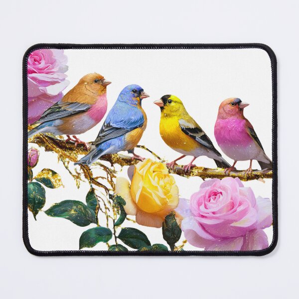 Item preview, Finch Birds and Roses with Gold Dust | Elegant Nature Fantasy Art designed and sold by BloomingBeauty7.
