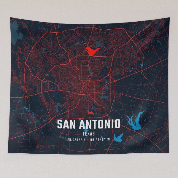 Item preview, San Antonio Red & Blue Minimalist Map designed and sold by HomeLivingCo.