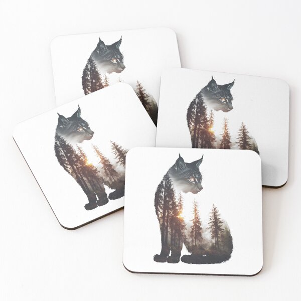 Item preview, Black and white lynx cat with glowing eyes in deep forest designer print designed and sold by Encreable.
