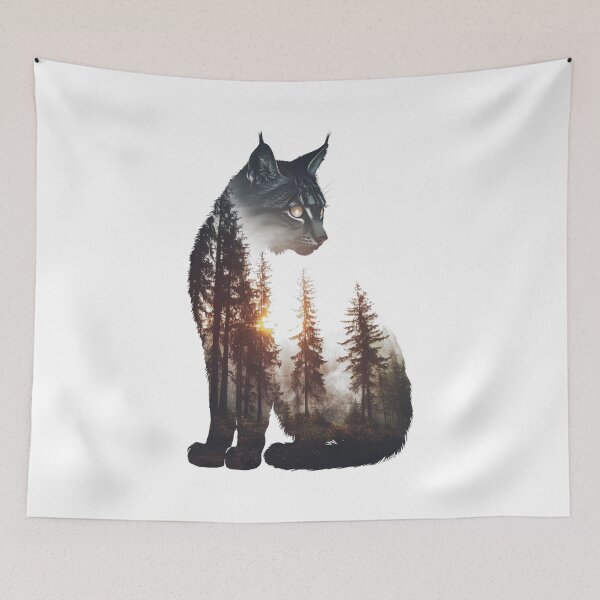 Item preview, Black and white lynx cat with glowing eyes in deep forest designer print designed and sold by Encreable.