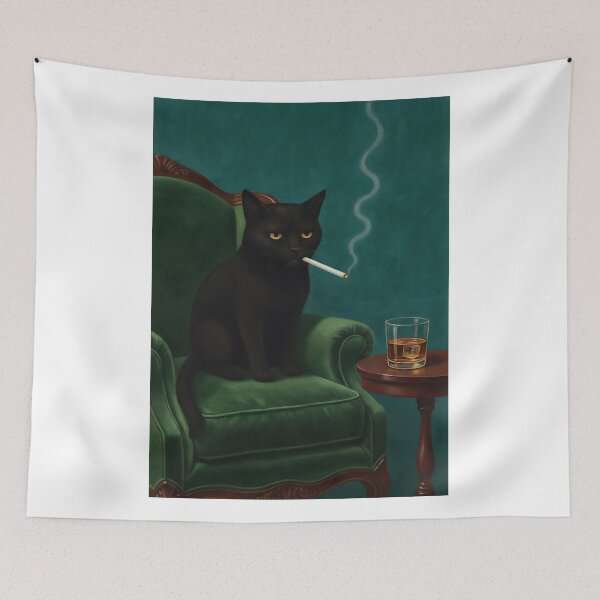 Item preview, Black Cat Smoking Cigarette Print, Vintage Gentleman Cat Art, Quirky Animal Portrait, Teal Lounge Wall Decor, Retro Bar Cart Poster designed and sold by shopcanva.