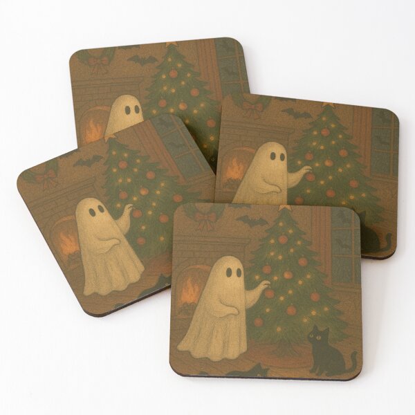 Item preview, Haunted Christmas - Ghost Decorating a Christmas Tree with Cats – Cozy Spooky Holiday Art designed and sold by GhostlyComforts.