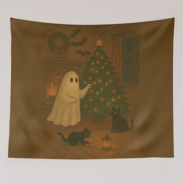 Item preview, Haunted Christmas - Ghost Decorating a Christmas Tree with Cats – Cozy Spooky Holiday Art designed and sold by GhostlyComforts.