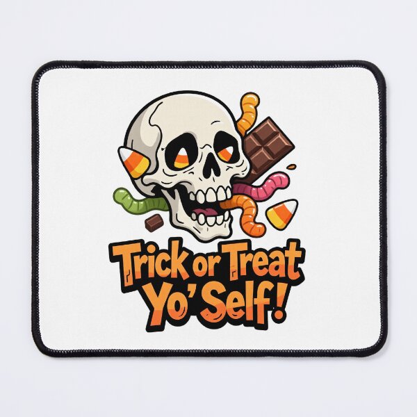 Item preview, Skeleton head with candy and “Trick or Treat” saying designed and sold by ArtCreator2023.