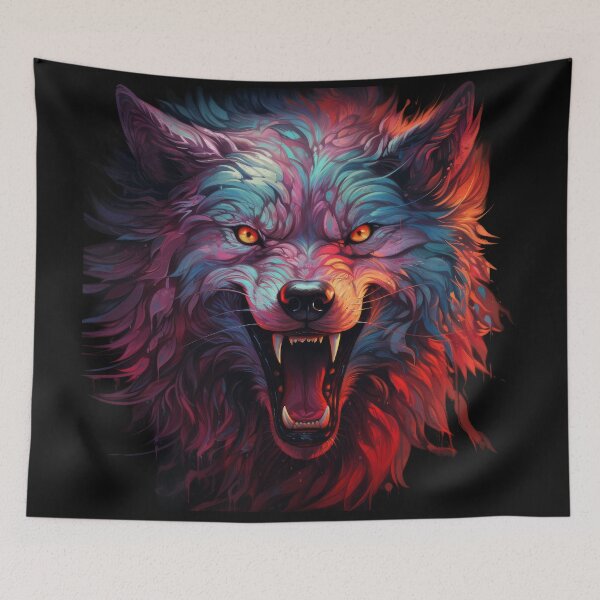 Item preview, Snarling Psychedelic Wolf with Neon Flames and Fangs designed and sold by Daagath.