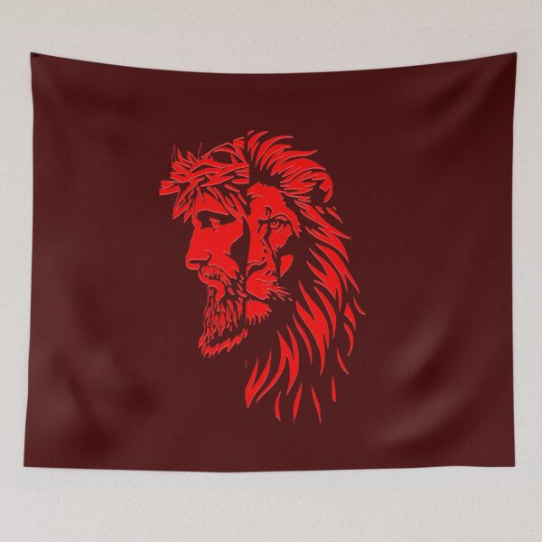 Item preview, Half lion half jesus christ Asymmetric/Unsymmetric side face in abstract high contrast line drawing | Red designed and sold by ZechJohnRB.