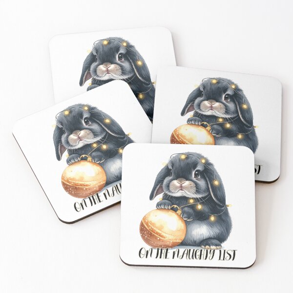 Item preview, Black and grey Holland lop rabbit wrapped with Christmas lights, Christmas tree bauble, naughty list designed and sold by LiskoDesign.