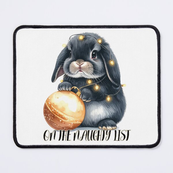 Item preview, Black and grey Holland lop rabbit wrapped with Christmas lights, Christmas tree bauble, naughty list designed and sold by LiskoDesign.