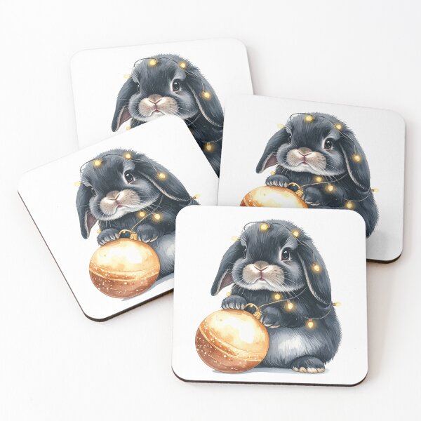 Item preview, Black grey Holland lop rabbit wrapped with Christmas lights, Christmas tree ball designed and sold by LiskoDesign.
