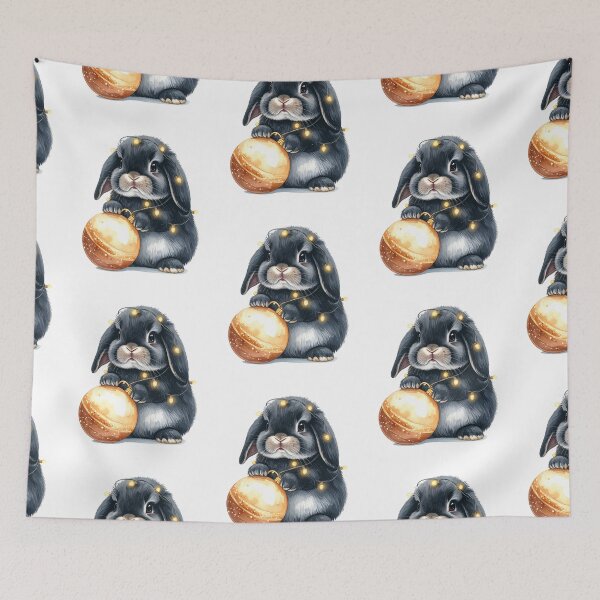 Item preview, Black grey Holland lop rabbit wrapped with Christmas lights, Christmas tree ball designed and sold by LiskoDesign.