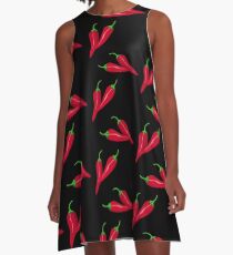 Spicy red chilli pattern, hot peppers at black A-Line Dress
