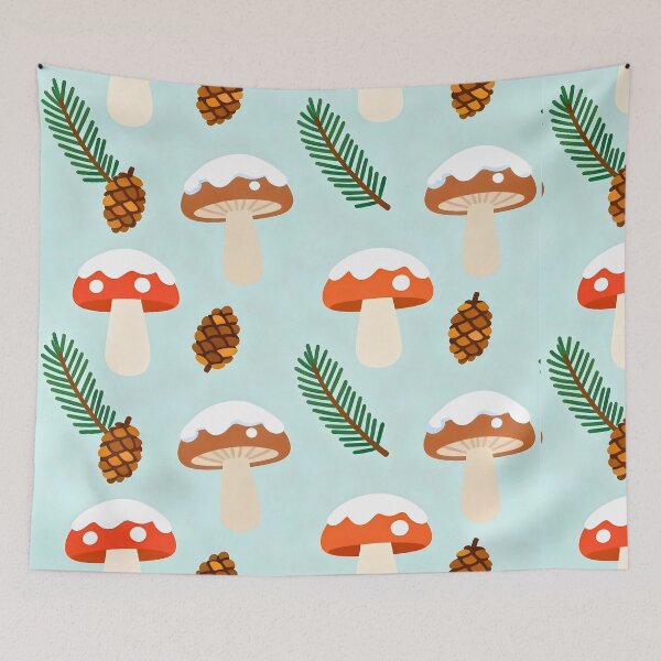 Item preview, COLORFUL PATTERN OF MUSHROOMS AND PINE CONES IN WINTER designed and sold by infinitearte.