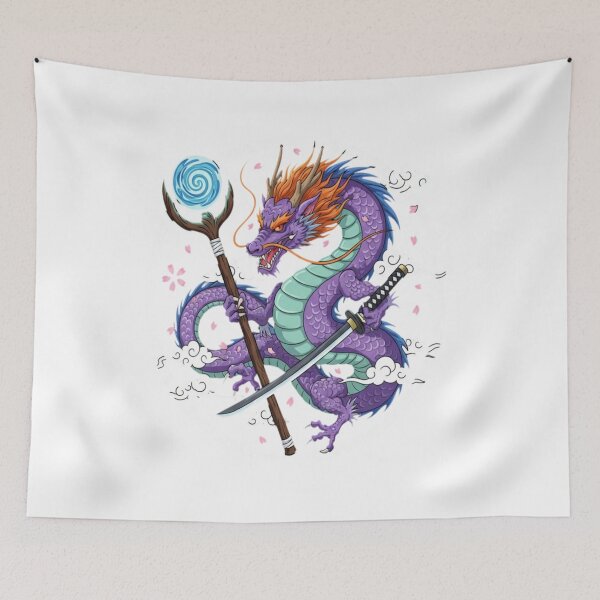 Item preview, Mystical Purple Dragon Warrior with Katana and Magic Staff designed and sold by EchoArtZone.